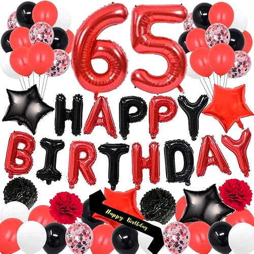 Decoraciones de fiesta de cumpleaños número 65, globos de papel de aluminio con el número 65, globos de látex perfectos para fiestas de 65 años,