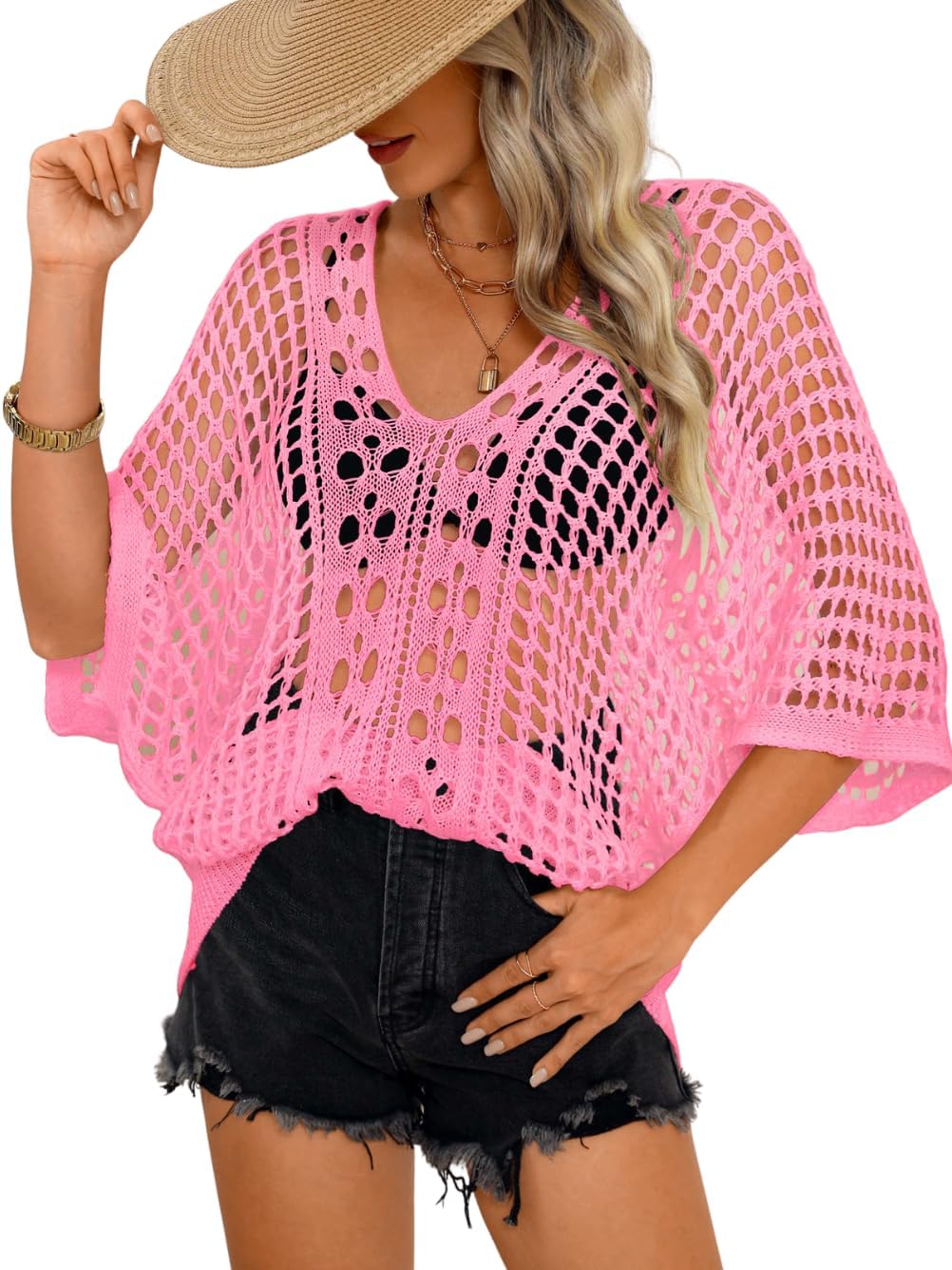 Kaei&Shi Crochet Top,Off Shoulder Batwing Hollow Out Tops for Women,Summer Boho Cover Up Concert Beach Vacation Size 0-12