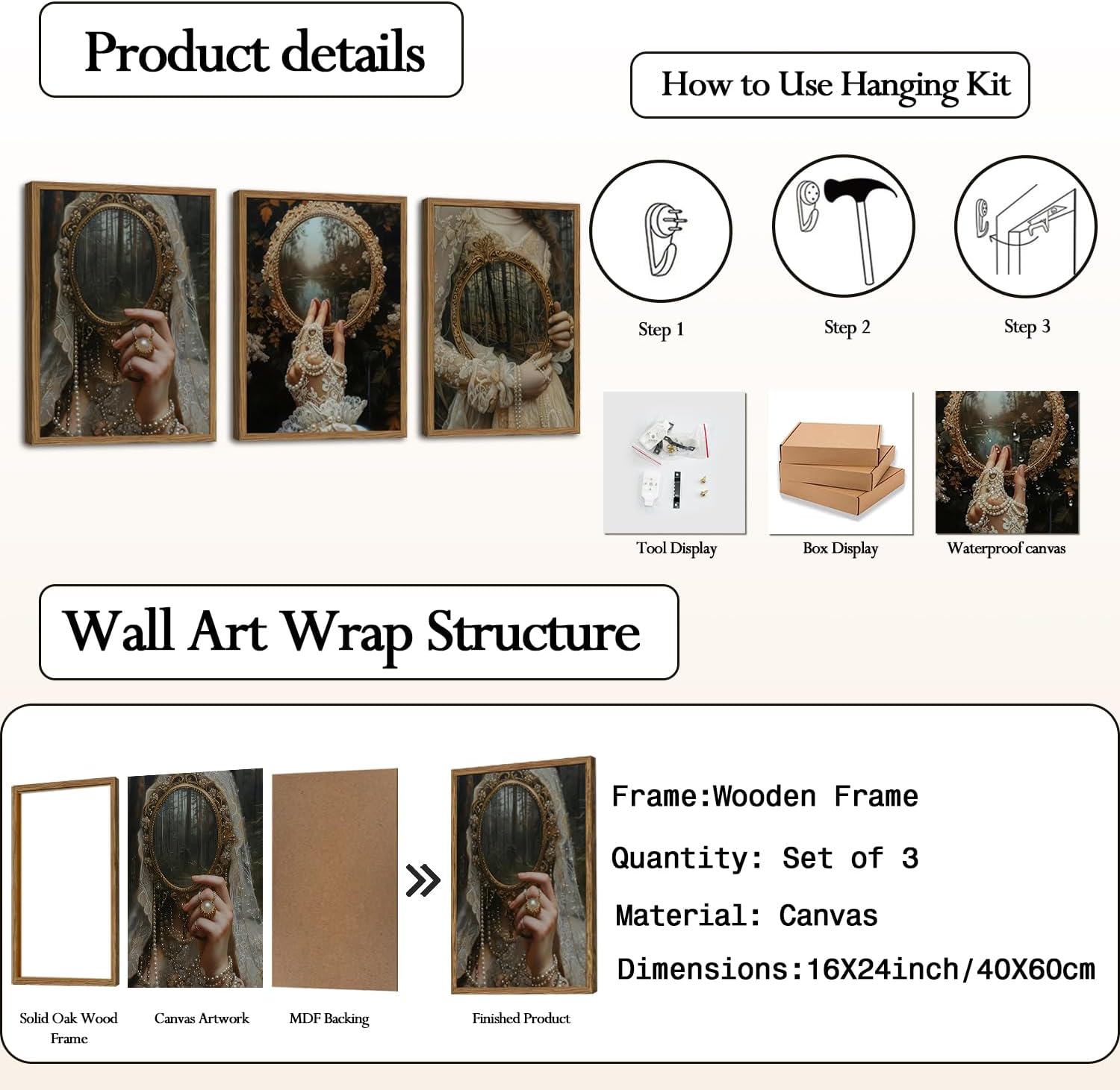 Framed Gothic Dark Academia Canvas Wall Art Set of 3, Vintage Victorian Women Witch Mirror Pictures Wall Decor, Moody Halloween Aesthetic Paintings Prints for Living Room Bathroom Bedroom 16x24 inch