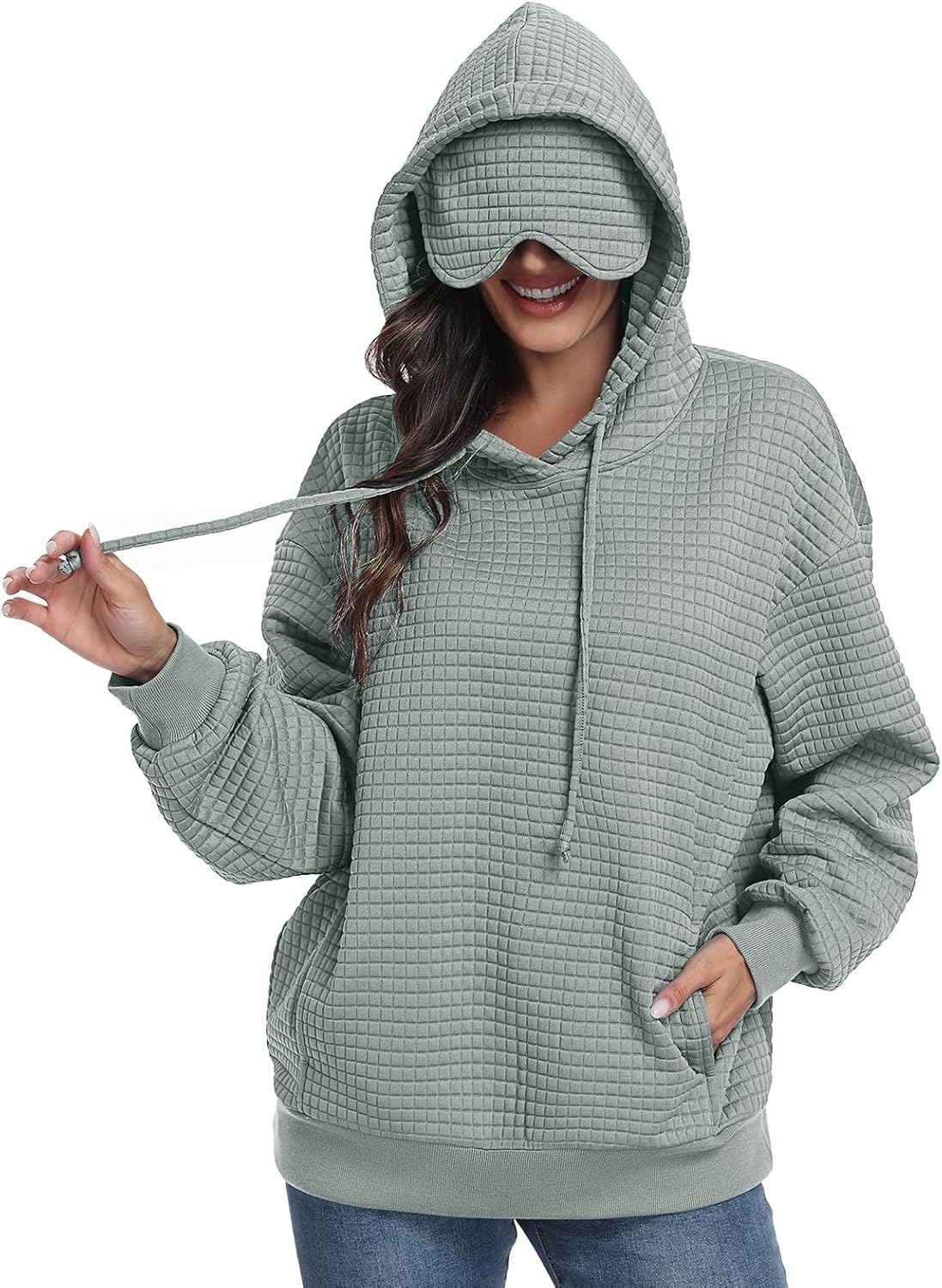 SeSe Code Hoodie With Eye Mask Waffle Hooded Sweatshirts Womens Travel Airplane Sleep Hoodies Mens Oversized Pullover