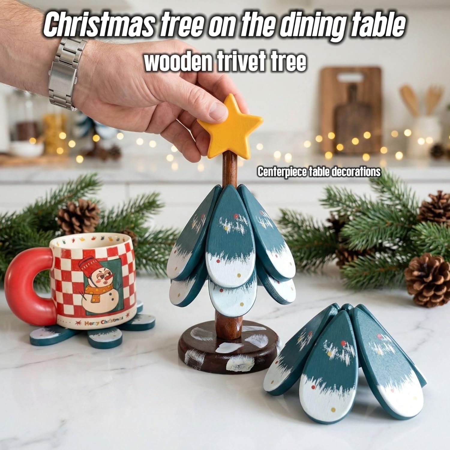 Wooden Tree Trivet - Christmas Tree Wood Coasters Resistant Trivets for Hot Dishes & Pans - Kitchen Decorations Table Centerpieces Senior Birch Material