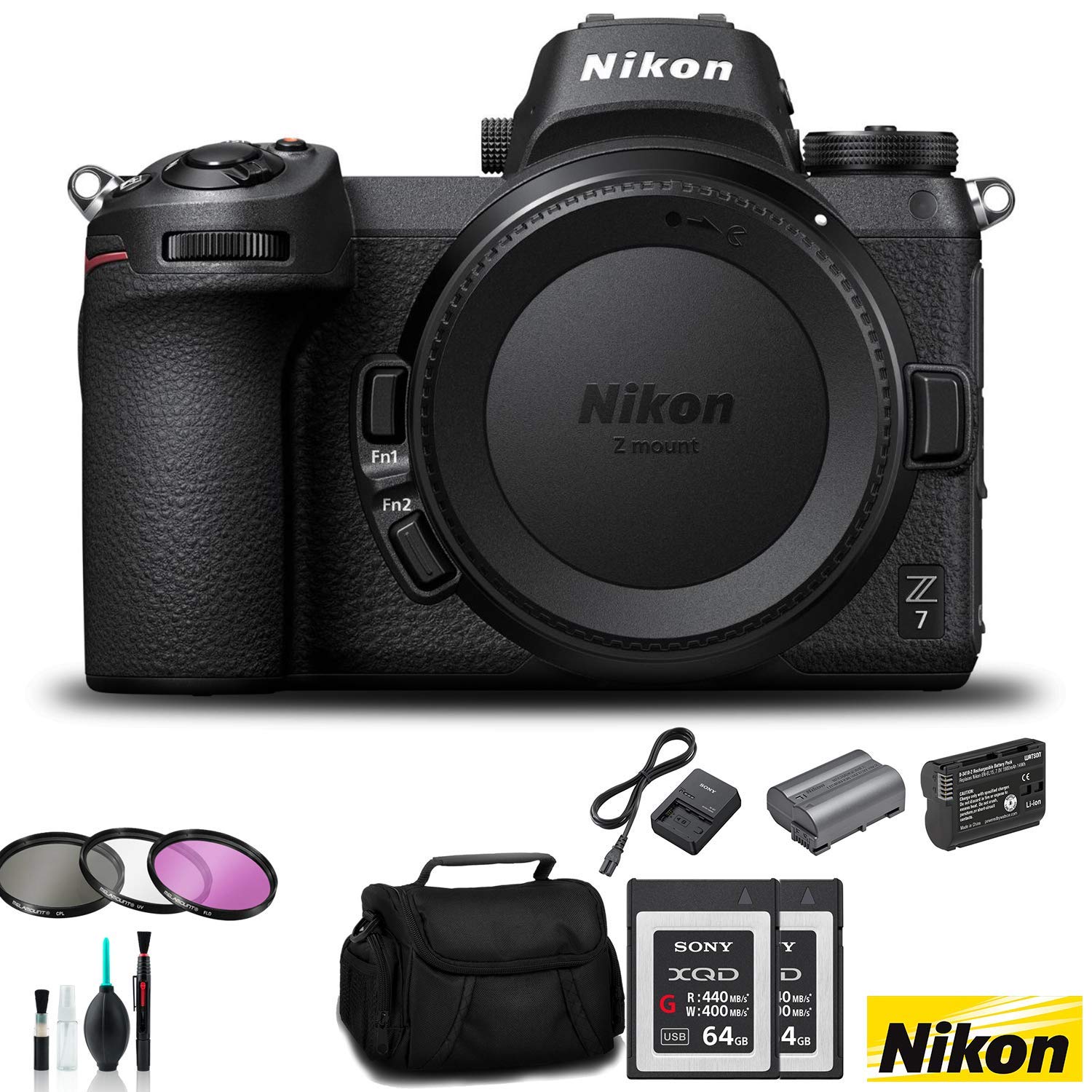 Nikon Z7 Mirrorless FX-Format Digital Camera (Body Only) - Bundle 2X 64GB Memory Card + EN-EL15 Li-on Battery + External Rapid Charger + 72mm 3 Pc Filter Kit and More - International Version