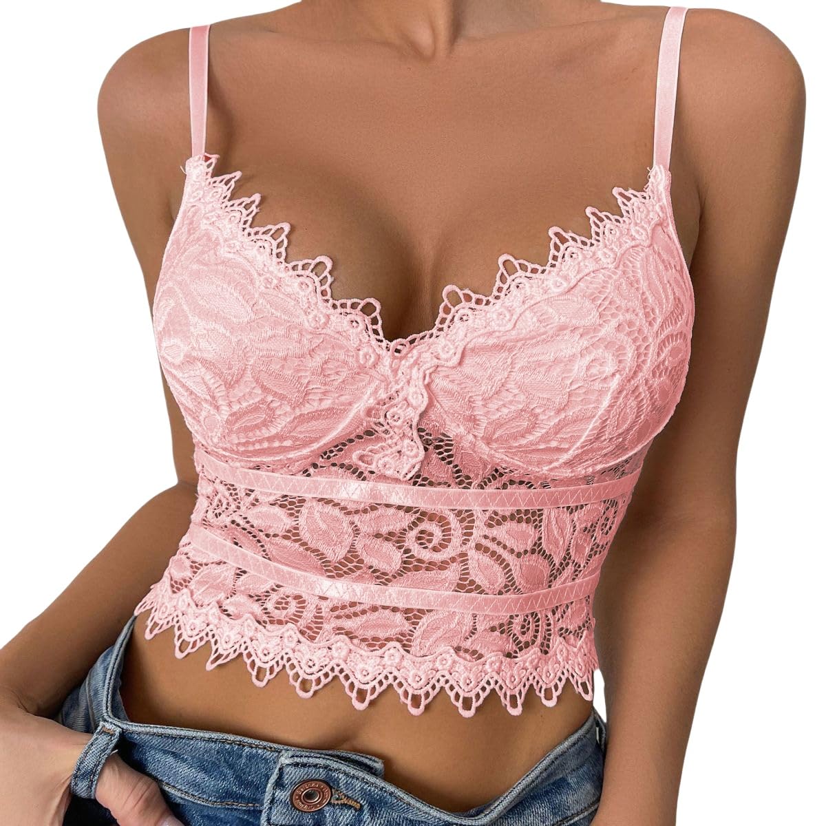 LIUYUYOUGO Lace Bustier Corset Tops For Women Sexy Eyelet Floral Lace Corset Top Summer Spaghetti Straps Corset Push Up Crop Tops Bra Y2K Backless Cami Tops Going Out Party Pink M
