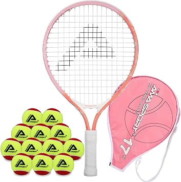 AMA SPORT 17" Pink Kids Tennis Racket with 12 Pack 75% Low Compression Kids Tennis Balls