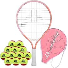 AMA SPORT 17" Pink Kids Tennis Racket with 12 Pack 75% Low Compression Kids Tennis Balls