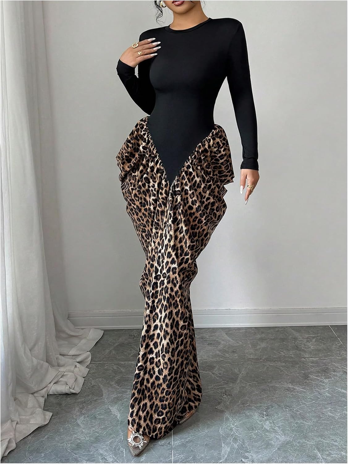GORGLITTER Women's Leopard Print Bodycon Maxi Dress Long Sleeve Slimming Ruched Cocktail Party Evening Dresses