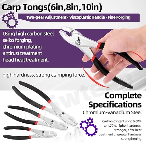 Miniatura 4 de Swpeet Juego de 3 alicates deslizantes de acero negro de 6 pulgadas, 8 pulgadas, 10 pulgadas, juego de alicates de agarre múltiple, junta deslizante