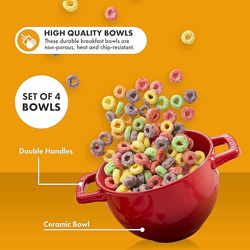 Miniatura 6 de Bruntmor Juego de 4 cuencos de cerámica de 24 onzas con asas 24 onzas grandes de cerámica roja francesa para cocina plato lateral juego de cuencos