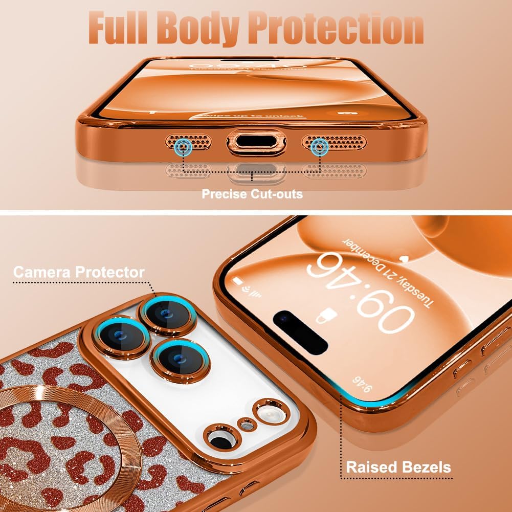 Case Fit for iPhone 17 Pro Max 6.9 Inch [Compatible with MagSafe] Glitter Bling Magnetic Phone Case [2 Pieces of Leopard Print Design Insert] Soft TPU Shockproof Phone Cover for Women - Orange