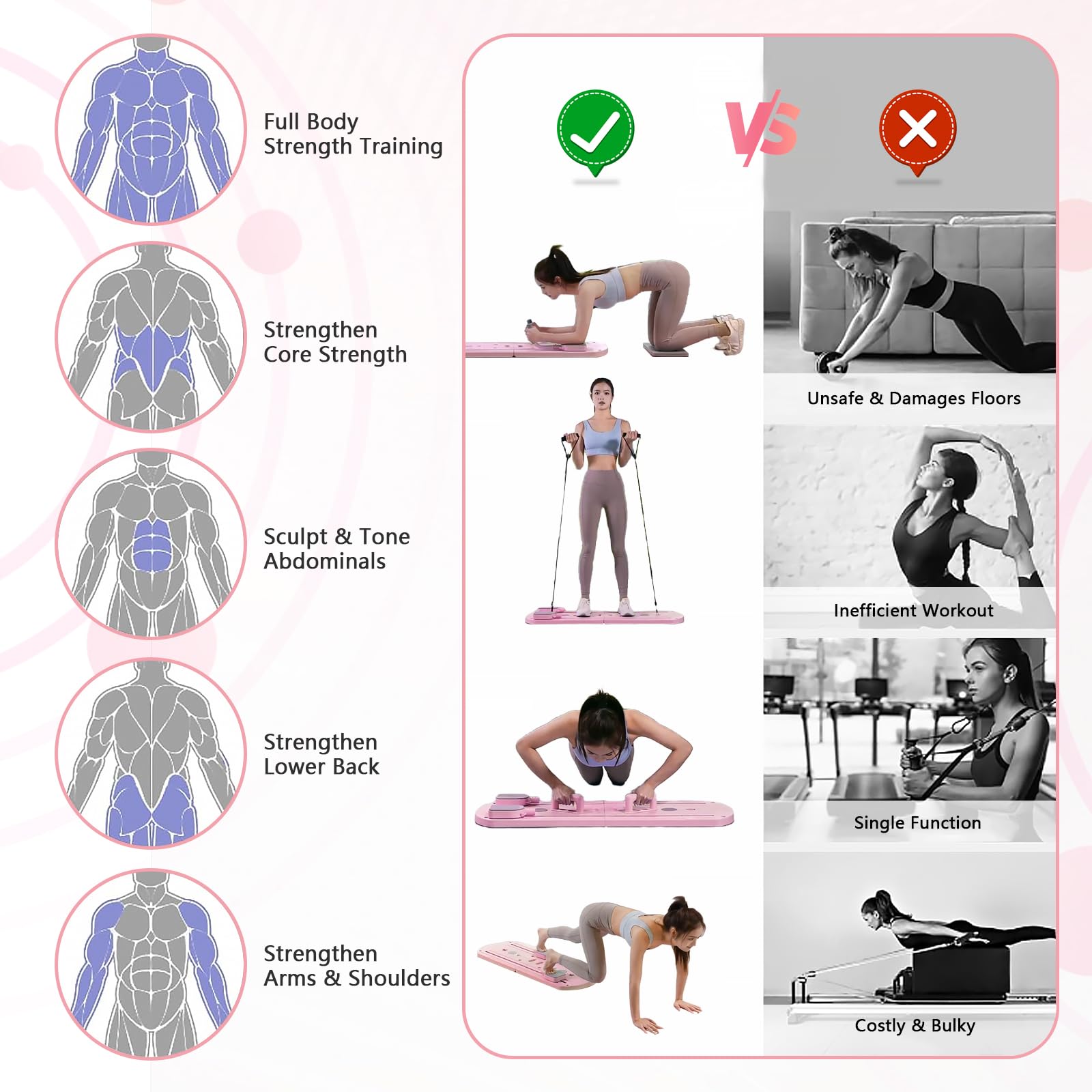 Pilates Reformer Machine Set & Pilates Board Equipment, 4-in-1 Portable Pilates Kit for Home with AB Roller Resistance Bands, Better Me Full Body Workout System for Women