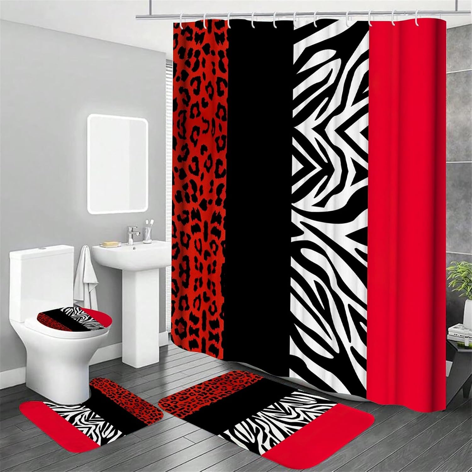 Onalasyc 4Pcs Red Cheetah Shower Curtain, Waterproof Leopard Print Bathroom Sets with Shower Curtain and Rugs Leopard Animal Print Bathroom Curtains Shower Set with 12 Hooks,71 x 71in