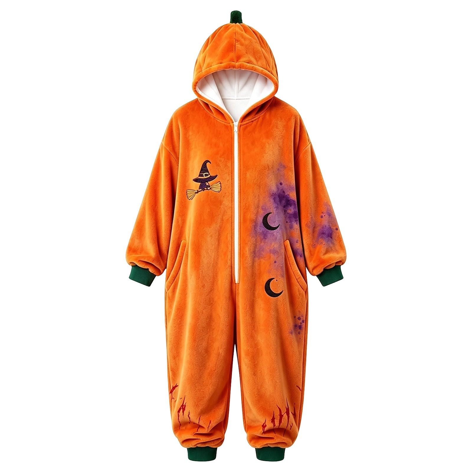 Generico Pigiama Halloween Donna - Elegante Tuta Intera da Halloween con Cerniera Frontale Cappuccio Pile Stampato per Donna Comoda per Feste a Tema Uso Quotidiano e Relax