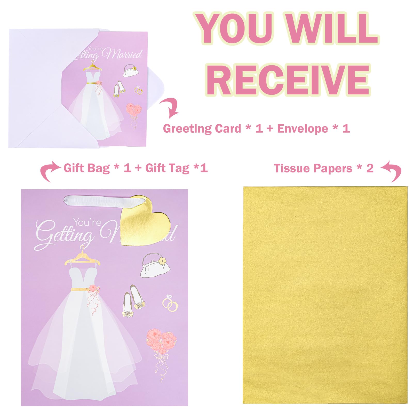 WRAPAHOLIC 13" Large Gift Bags with Card and Tissue Paper - Wedding Dress Design for Weddings, Engagements, Bridal Showers, Gift Wrap