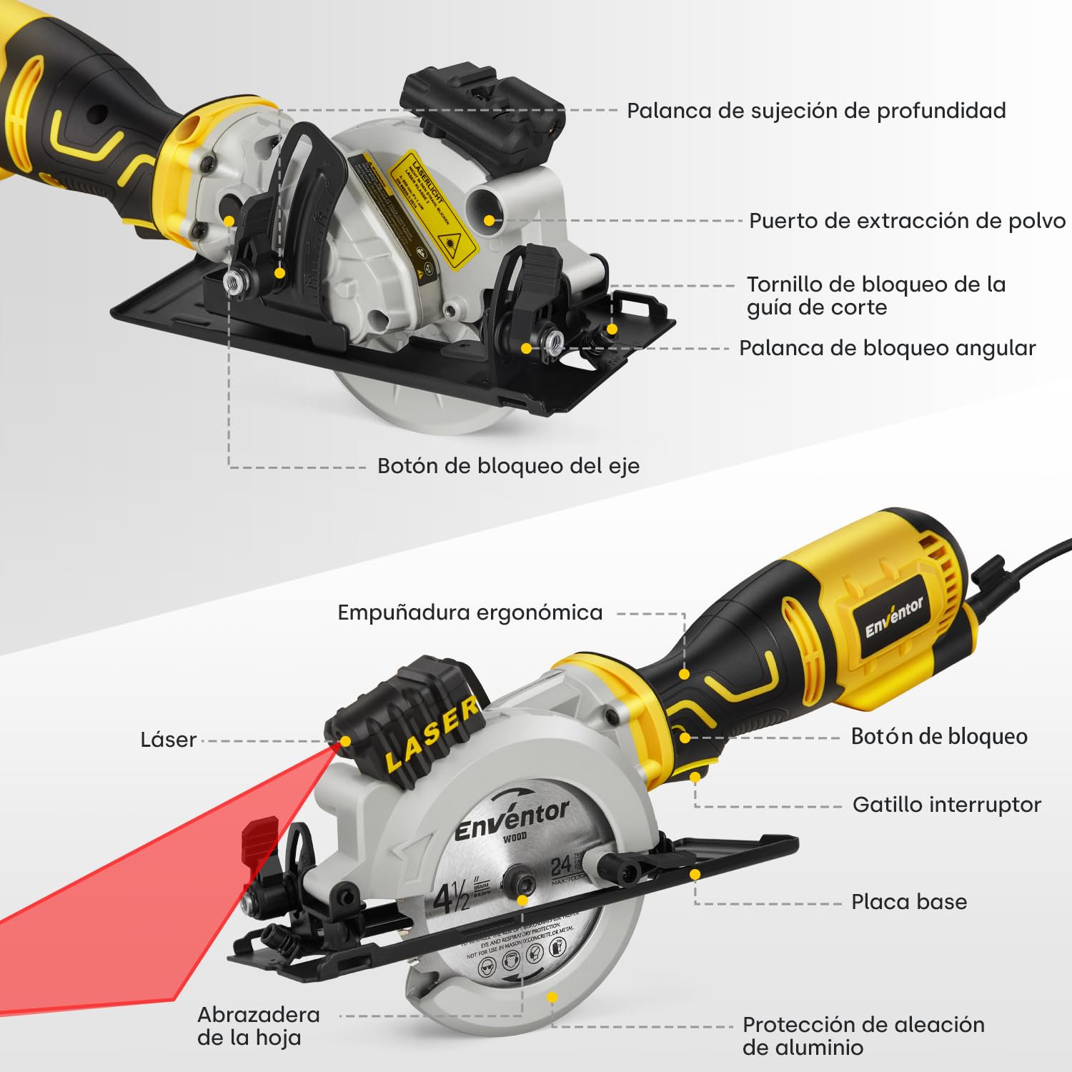 ENVENTOR Mini Sierra Circular 705W, Mini Sierra Circular de Mano 3500RPM, Guía Láser, 6 Hojas de Ø115mm, Corte: 42.8mm/90º, 28mm/45º, para Cortar Azulejo, Madera, Metal Blando