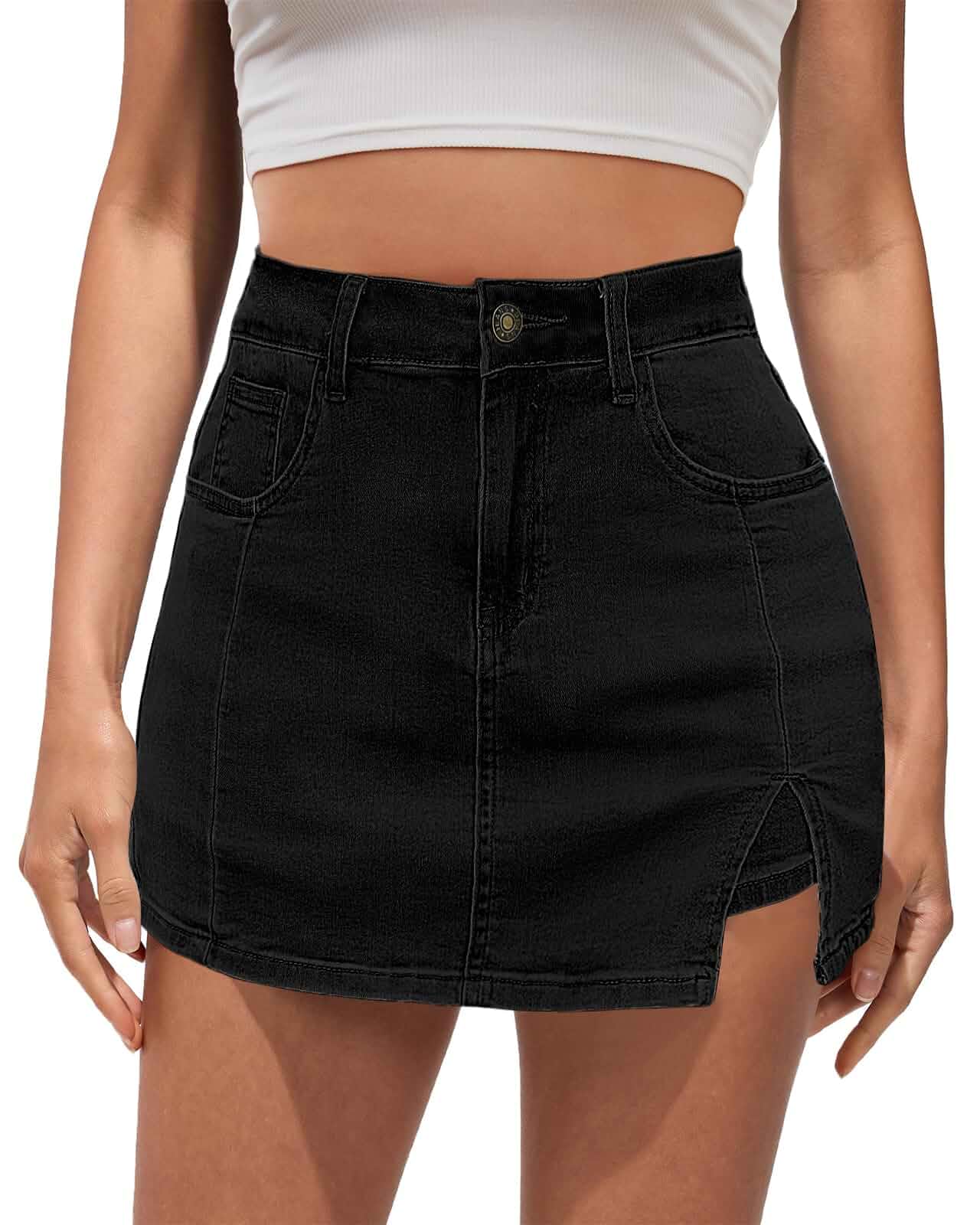 Vetinee Jean Skorts for Woman High Waisted Trendy Slit Y2K Shorts Skirts Stretchy Denim Skirt with Shorts Underneath, 5 Functional Pockets, Casual Summer Skort, Country Concert Outfits for Women