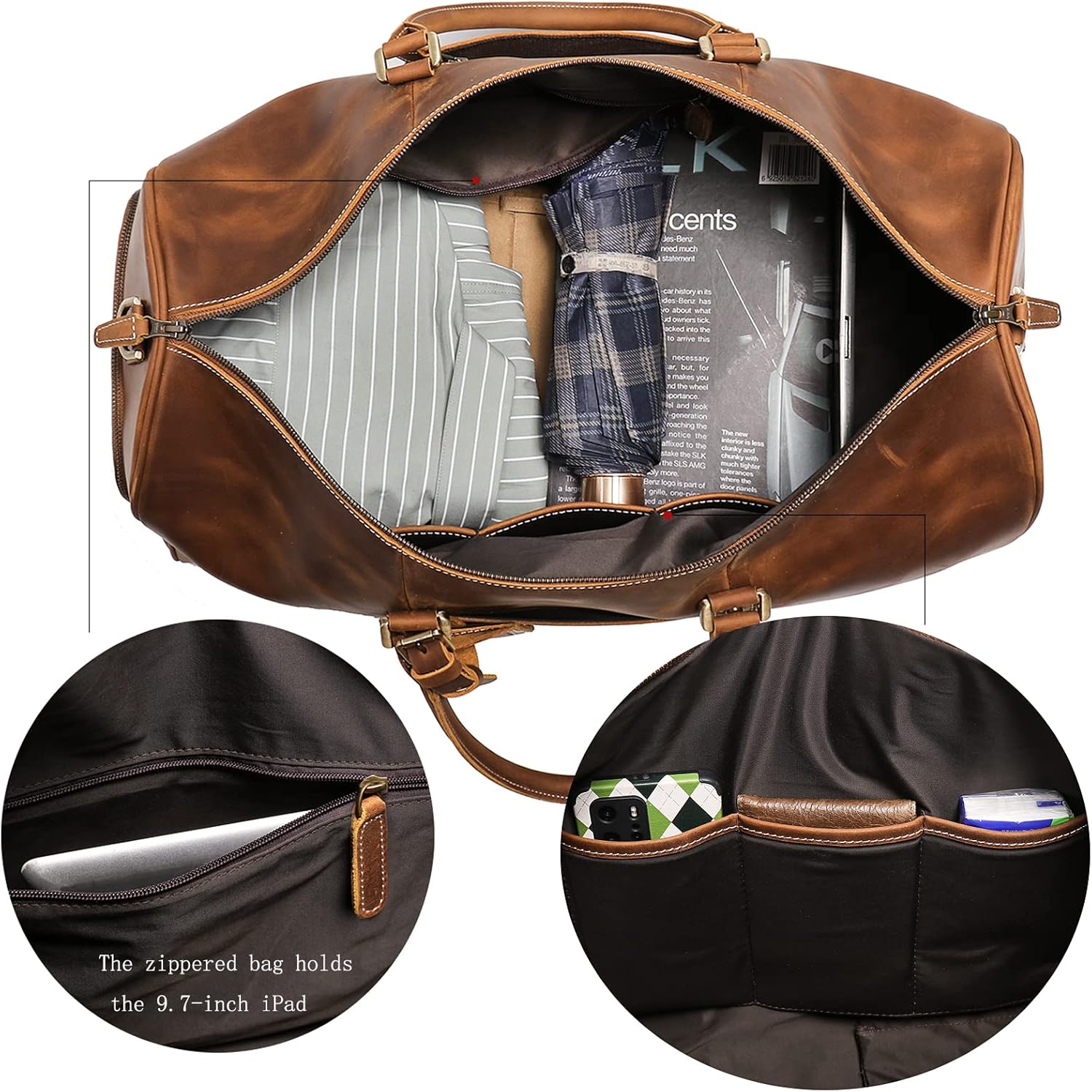 Mens Leather Duffel Bags YKK Zipper Sport Vintage Leather Travel Gym Bag Weekender Overnight Classic Gift Genuine Gym Overnight Carry On Bag (Vintage Brown, 22 Inch)