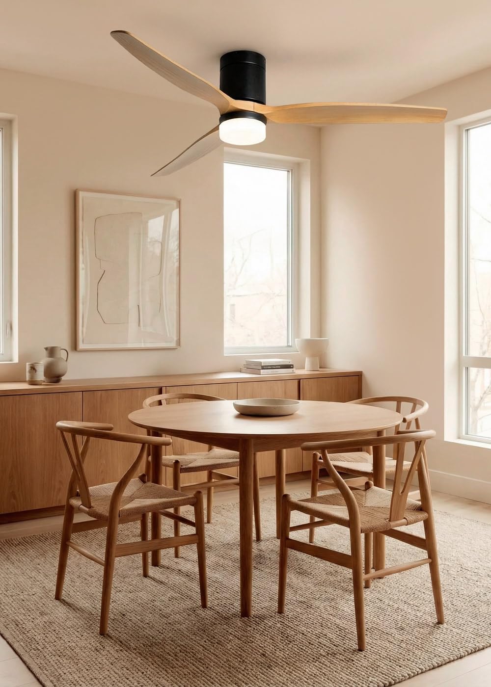 CREATE / WINDCALM L/Ventilador de techo ABS con luz negro aspas efecto madera clara con Wifi y mando / 40W, Silencioso, Ø152 cm, 6 velocidades, 3 temperaturas de luz, función verano-invierno