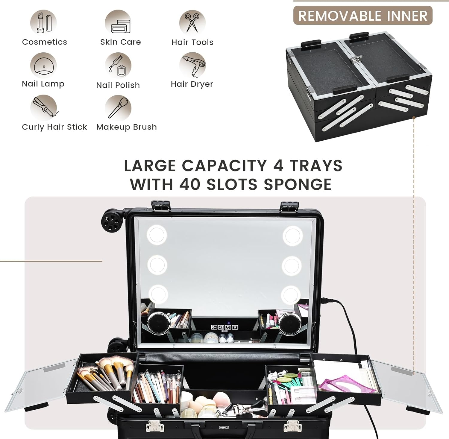 22'' Aluminum Trolley Rolling Makeup Train Case with LED Light Mirror Professional Cosmetic Travel Box with Bluetooth Speaker Make up Cosmetic Organizer Studio Nail Salon Beauty Vanity Black