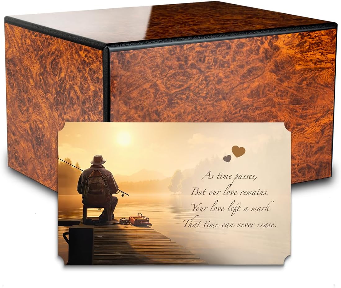 GetUrns Heritage Adult Wood Cremation Urn Box For Human Ashes I Gone Fishing Wooden Urns for Male and Female I 213lbs