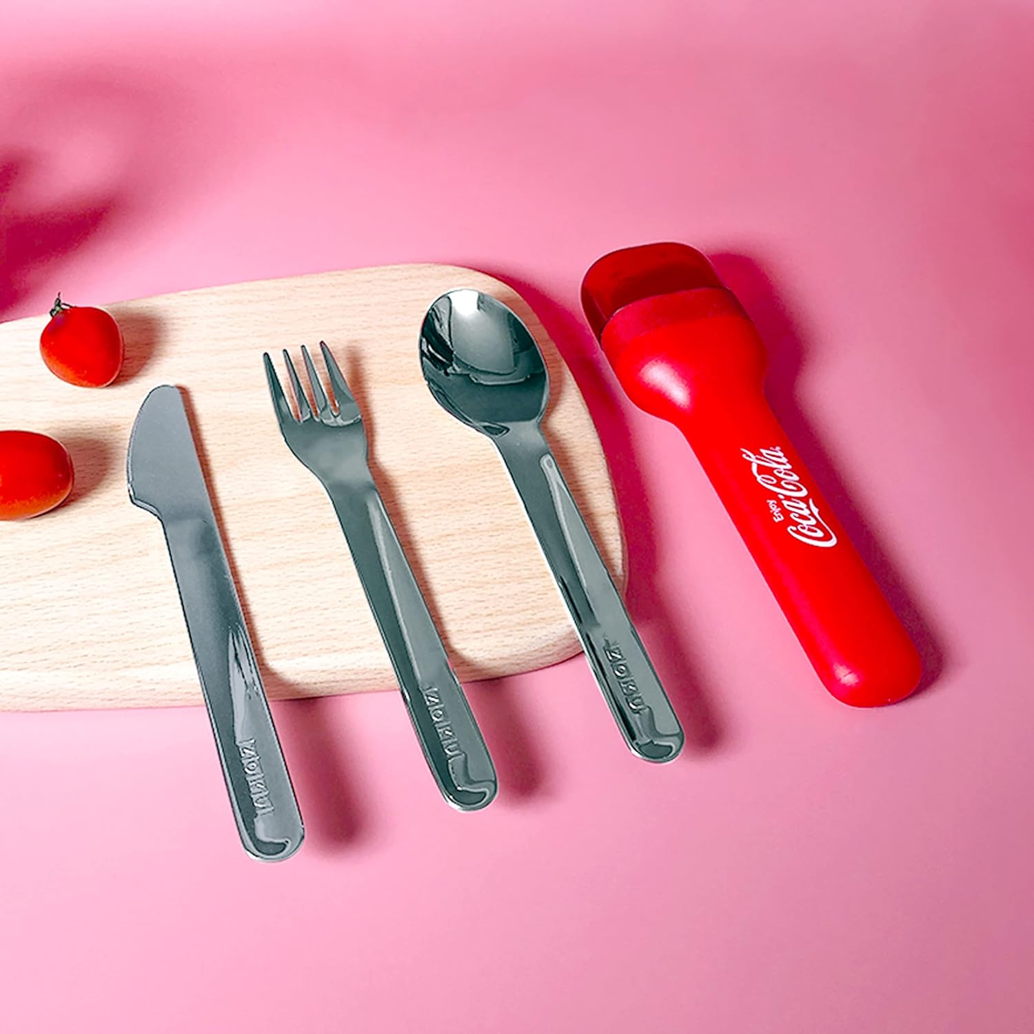 ZOKU Coca-Cola Pocket Utensil Set - Stainless Steel Fork, Knife, and Spoon Nest in Hygienic Case - Portable Design for Travel, School, Work, Picnics, Camping and Outdoor Home Use