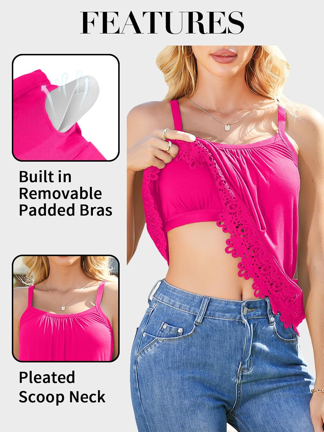 V FOR CITY Womens Flowy Lace Camisole with Built in Bra Adjustable Straps Loose Scoop Neck Tank Top - Image 4