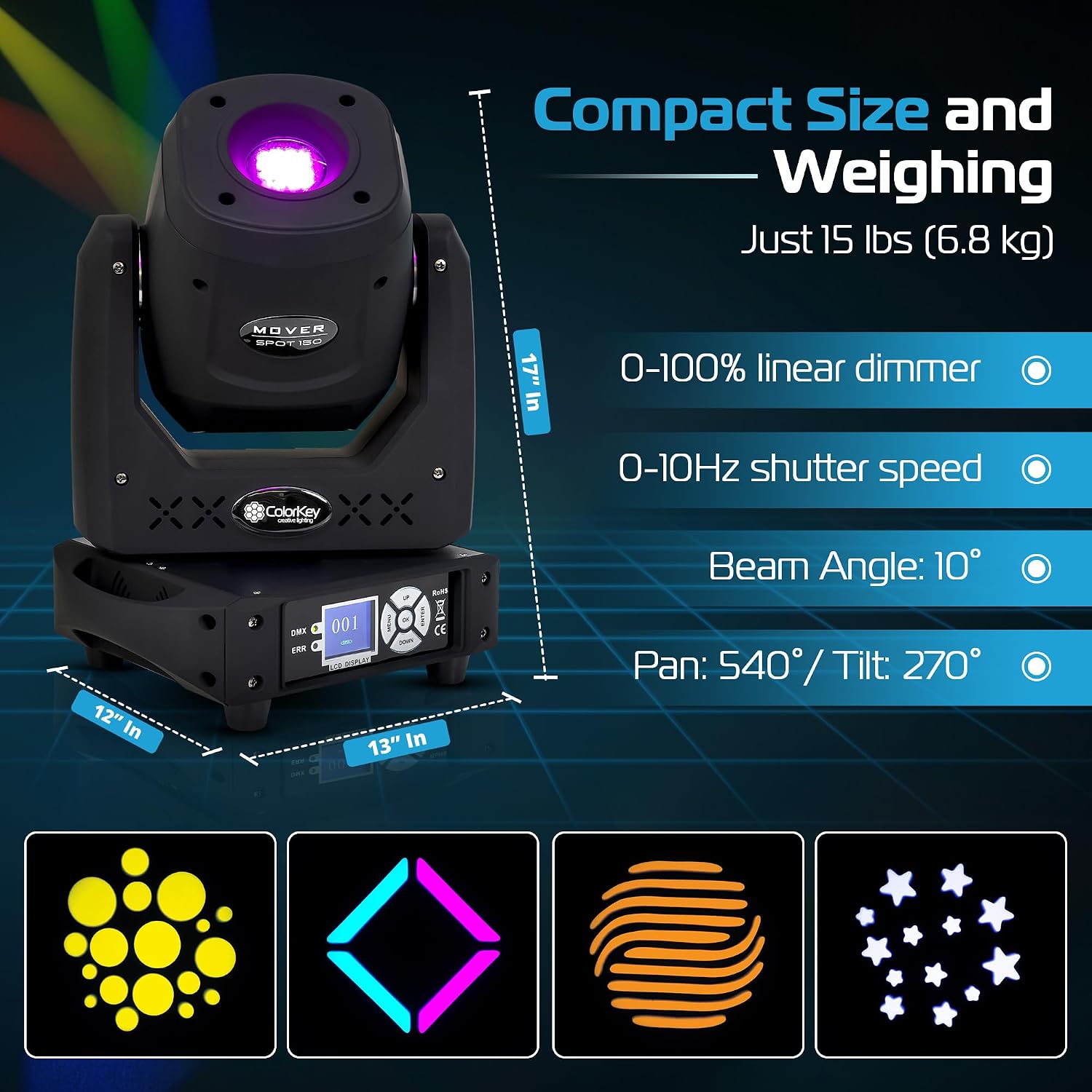 ColorKey Mover Spot 150 with dimensions and features