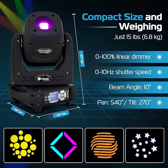 ColorKey Mover Spot 150 - LED Moving Head DJ Light with Rotating Glass Gobos, Colorful Prism Effects, Shake Effects and Motorized Focus - Ideal Stage Light for Weddings, DJ Shows and Other Events