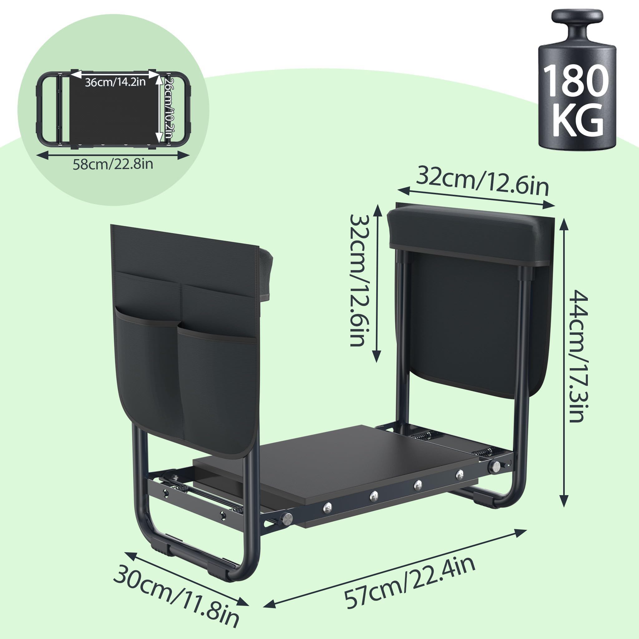 NAIZY Banc de jardin pliable - 59 x 28 x 49 cm - Avec coussin en mousse EVA et sac à outils - Charge maximale : 150 kg - Anthracite