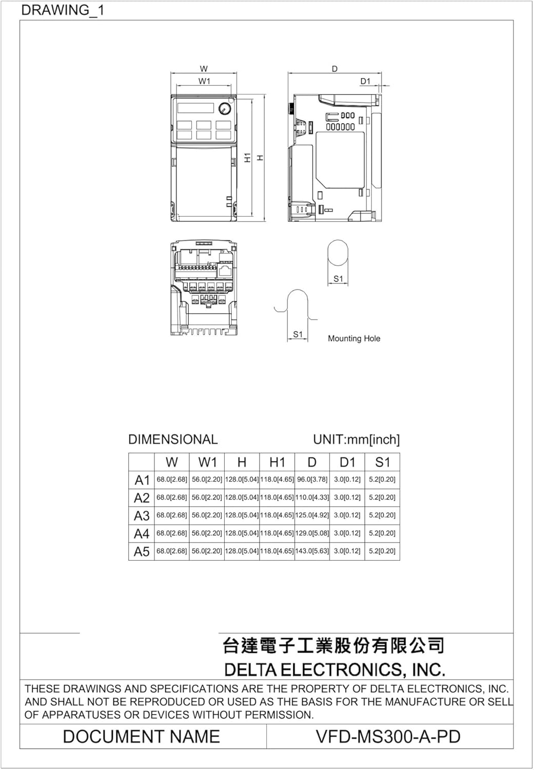 Single-Phase Frequency Converter MS300 Series 1P230V, 0.75kW, IP20, Built-in Brake Unit, no Built-in Filter, Built-in PLC