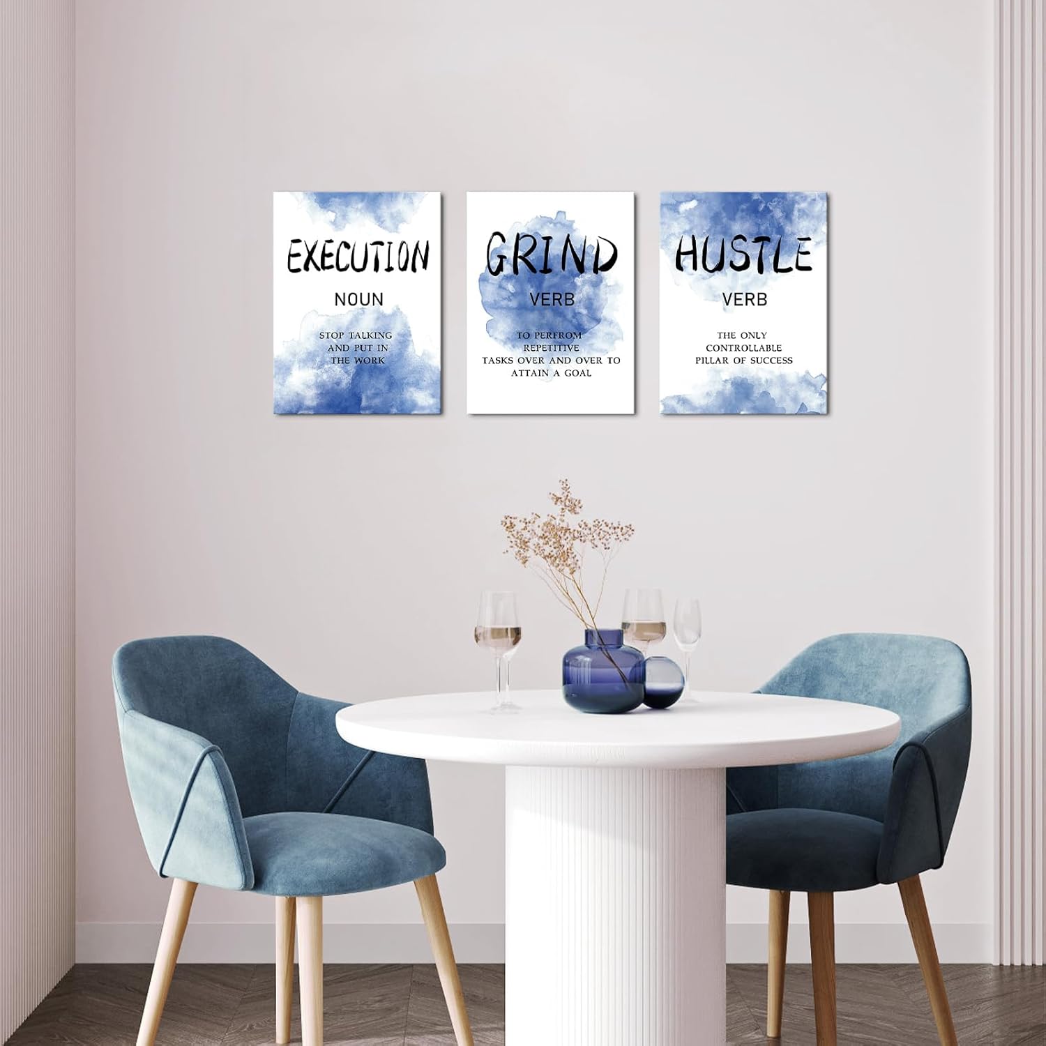 LoveHouse Grind Hustle Execution Motivational Office Wall Art Navy Blue Inspirational Quotes Home Office Positive Posters for Men/Women Encouraging Artwork Prints