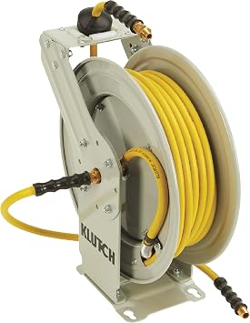 Klutch Auto-Rewind Air Hose Reel, 1/2in. x 100ft., 300 PSI | Oil-resistant rubber hose, Controlled auto-rewind, Organized shop-air access, Durable reel construction, Easy maintenance