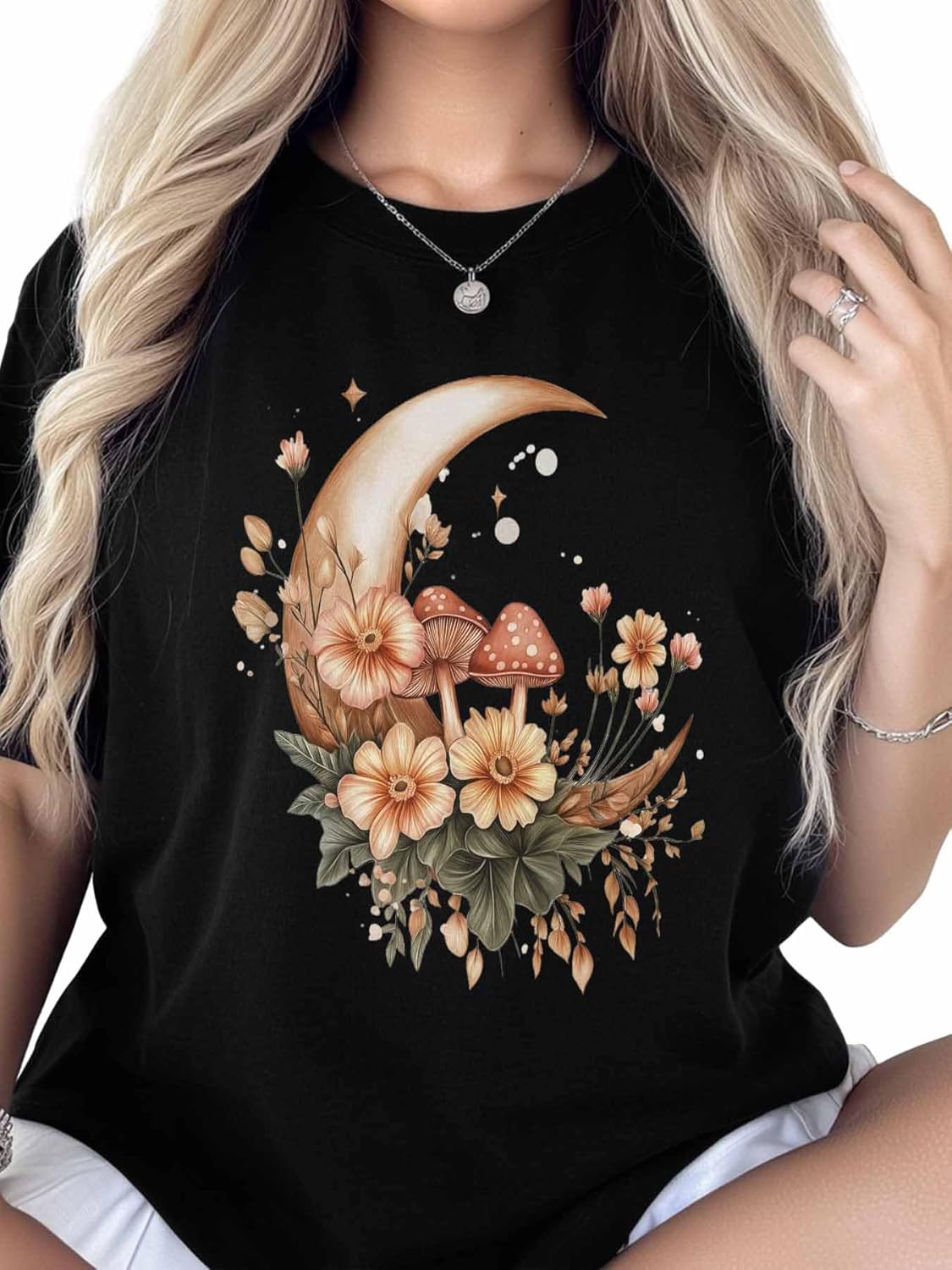T Shirts for Women Graphic Tees Moon Crew Neck Short Sleeve Shirts for Women Mushroom Flower Casual T-Shirt - Image 2
