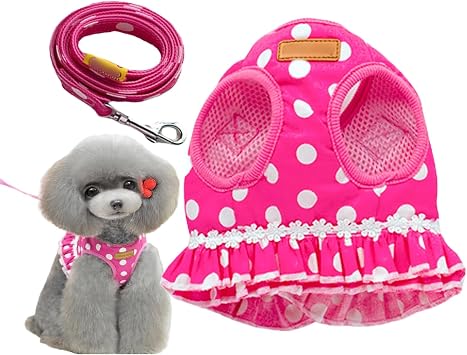 Small Dog and Cat Harness, Body Harness and Leash Set, Polka Dot Pattern, Cute, Stylish, Pet Use, Back Type, Walk Use, Hard to Slip Off, Safe, Lightweight, Breathable, Adjustable, Ultra Small