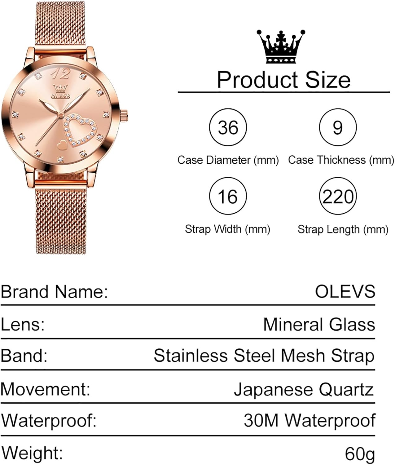 OLEVS Women Watches, Elegant Rose Gold Small Wrist Ladies Watch, Sophisticated Waterproof Mesh Bracelet Quartz Watch for Women - Image 6