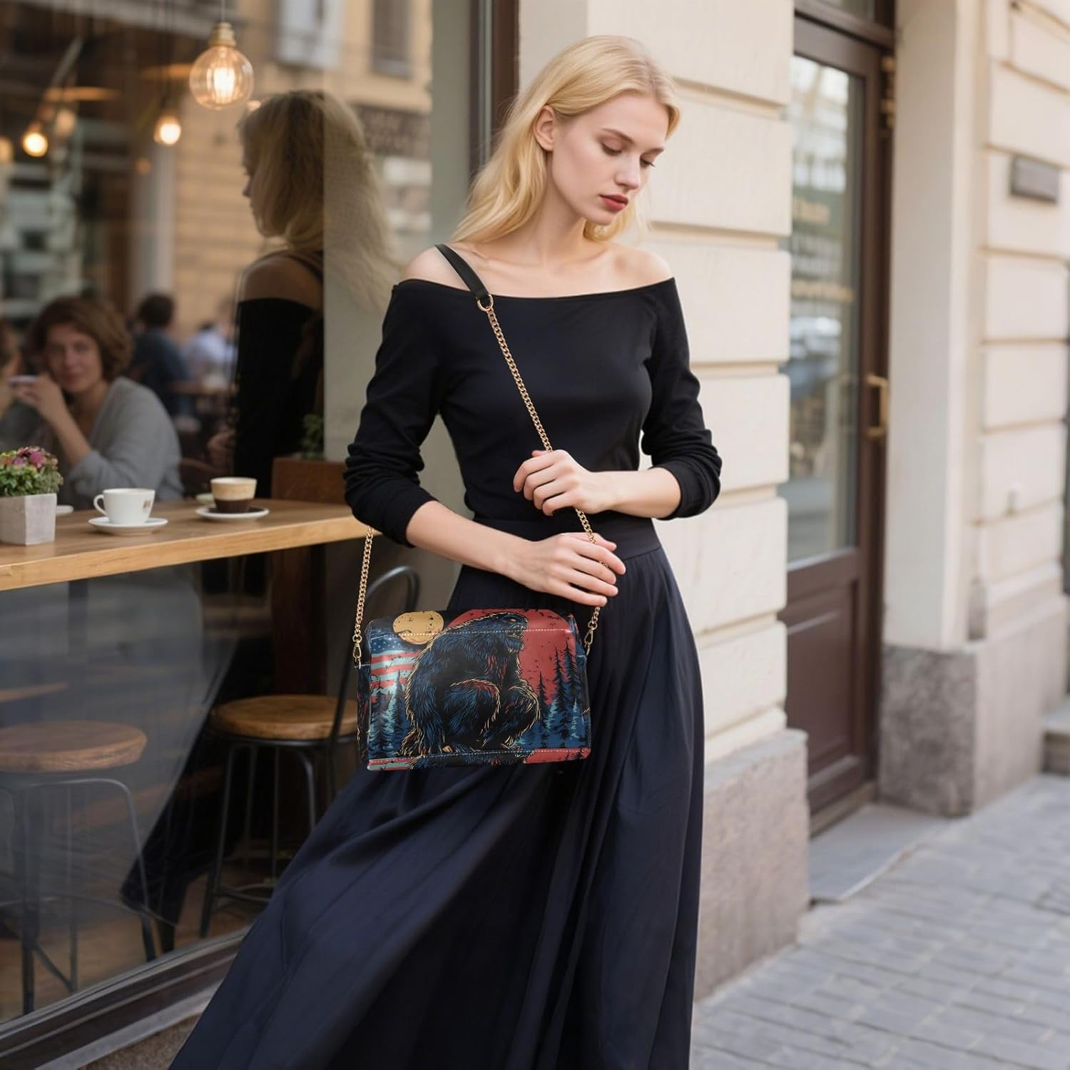 Women Crossbody Bag Shoulder Handbag Cellphone Purse PU Leather Metal Chain Strap Water Resistant Zipper Closure Dark Sasquatch Print