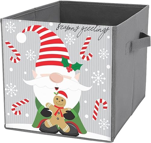 Cute Christmas Gnome Storage Cubes, Gingerbread Man Candy 11 Inch Fabric Bins with Double Handles,Closet Organizers for Shelves,Foldable,for