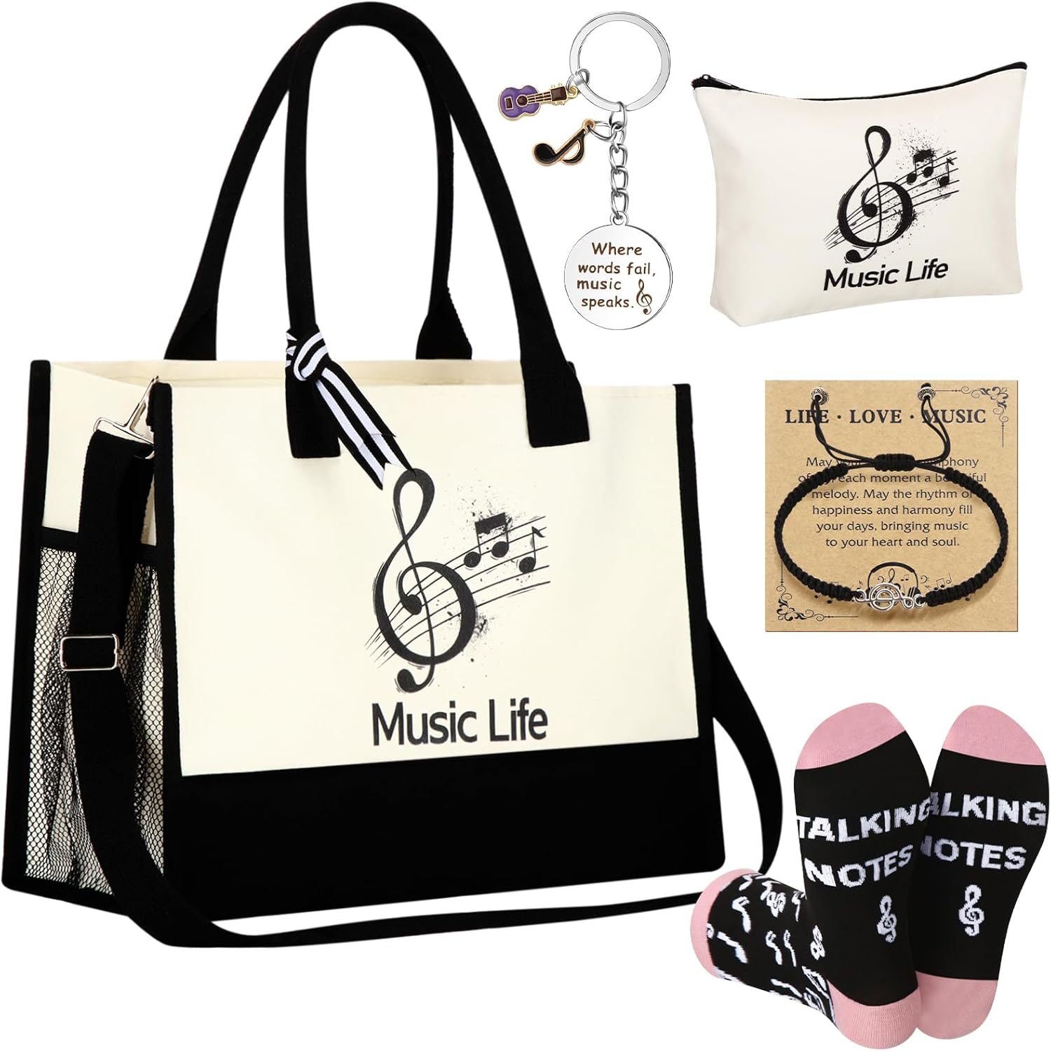 6 Pcs Music Theme Gifts for Women Canvas Tote Bag Cosmetic Pouch Crew Socks Bracelet Cards Keychains Musical Lovers Gifts Musicial Students Teachers Musicians Favors for Birthday Valentine