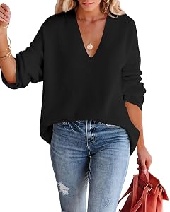 Imily Bela Womens Oversized Deep V Neck Sweaters Sexy Long Sleeve Tunic Sweater Knitted Dressy Pullover Jumper