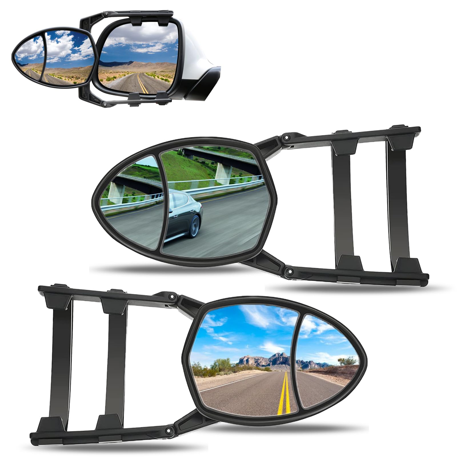 ZKFAR Pack-2 Clamp-on Towing Mirrors, Towing Mirror Extensions, Universal Towing Mirrors, Adjustable Dual View Extender Mirror, for Car Trucks Trailer (Black)