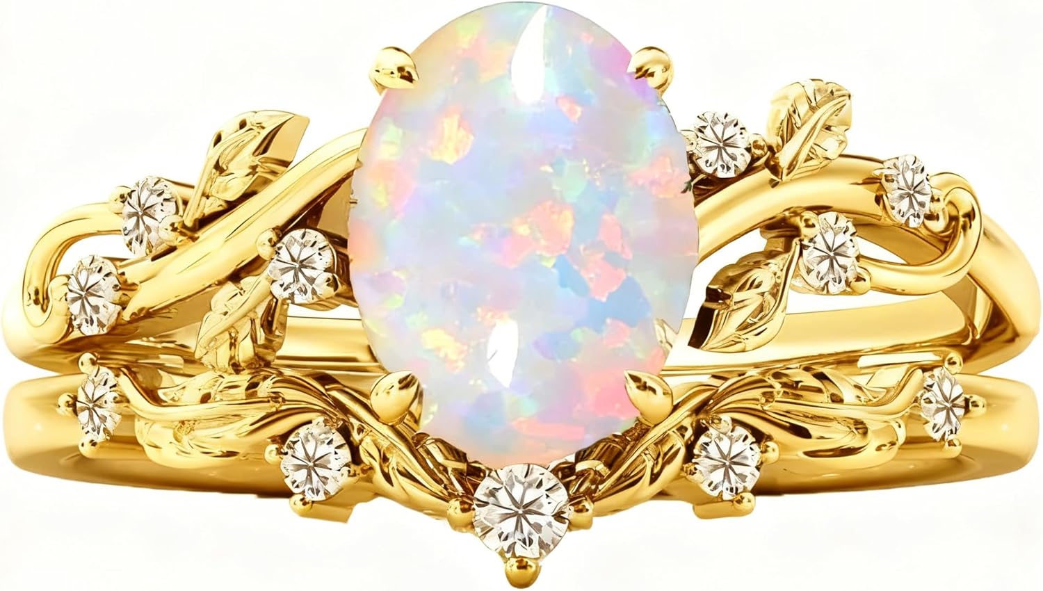 Opal Engagement Ring Set for Women, 925 Sterling Silver Pear/Heart/Coffin Cut White Opal Bridal Wedding Rings Set Inspired Leaf Bridal Rings Set for Her Free Engraved