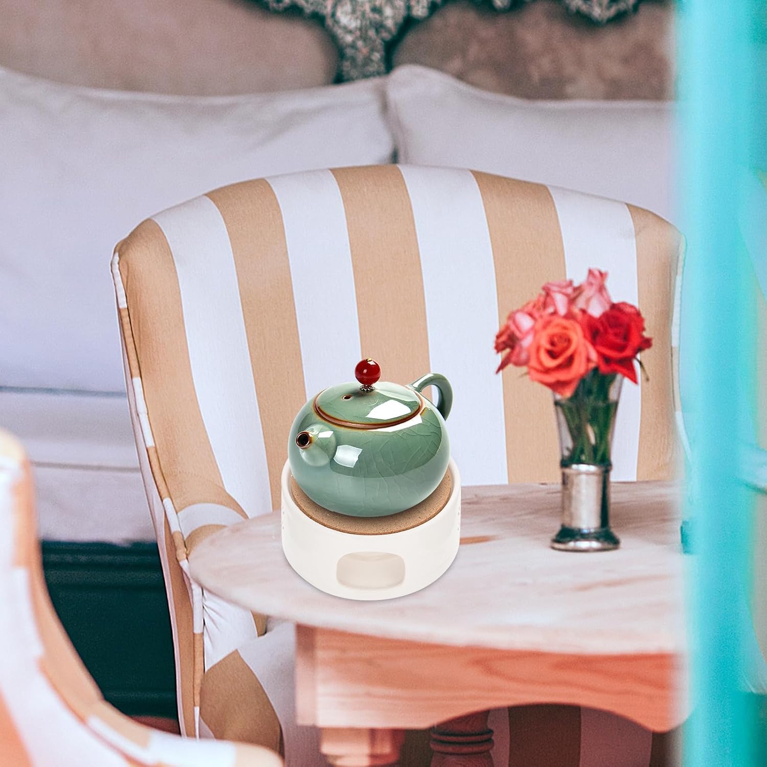 Ceramic Tea Warmer Teapot Heating Support with Candle Holder for Living Office Tea House Decorative Desktop Use