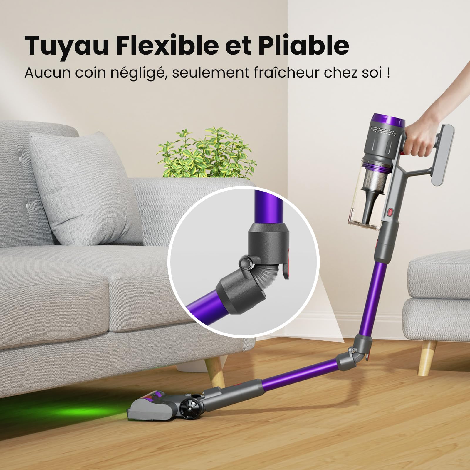 Aspirateur Balai sans Fil 600W/58000Pa/75min, Aspirateur sans Fil Puissant avec Tuyau Extensible 1m Désenfileur de Poils d'animal, Tube Pliable, pour Tapis, Poils Animaux, Sol Dur et Voiture