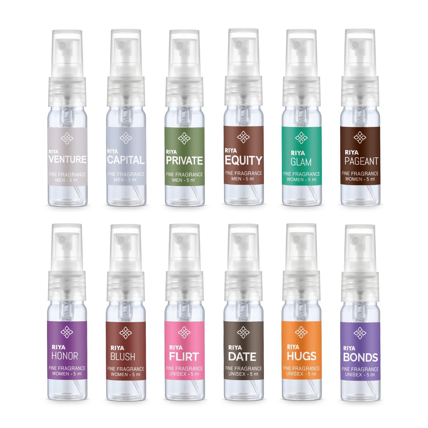 RIYA Xploriya Gift A Memory Men & Women Trial Pack of 12 X 5ml Pocket Perfumes | Long Lasting | Travel Friendly Eau De Parfum | Citrus, Woody, Floral | Saffron | Amber