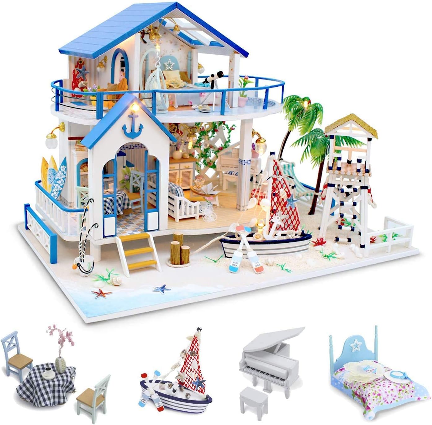Diy Dollhouse Kit, Wooden Miniature With Furniture And Music, Tiny House Building Kits, Blue Sea Legend, Gift For Birthday