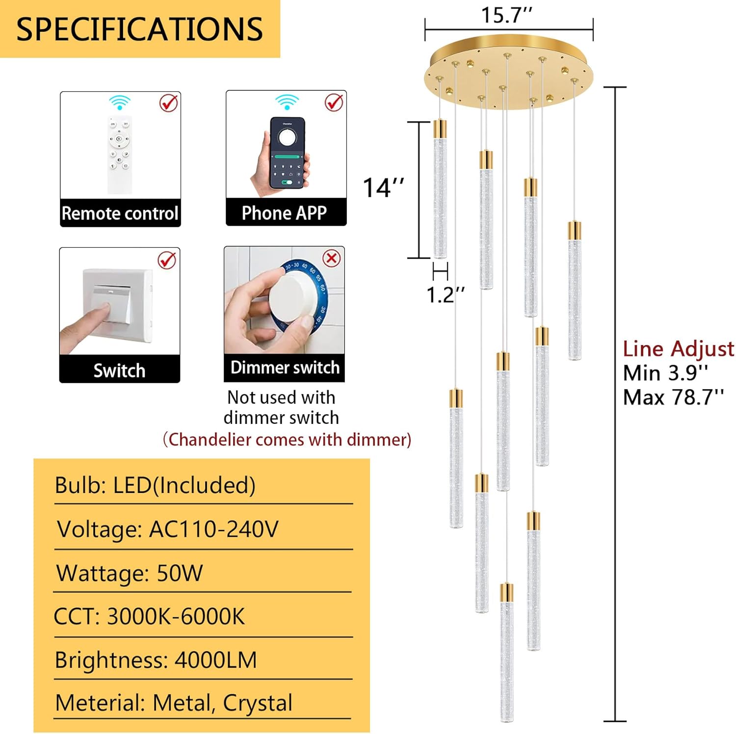 10-Light Long Large Modern Led Crystal Chandeliers Modern Spiral Chandeliers High Ceilings Chandelier for Staircase Foyer Gold