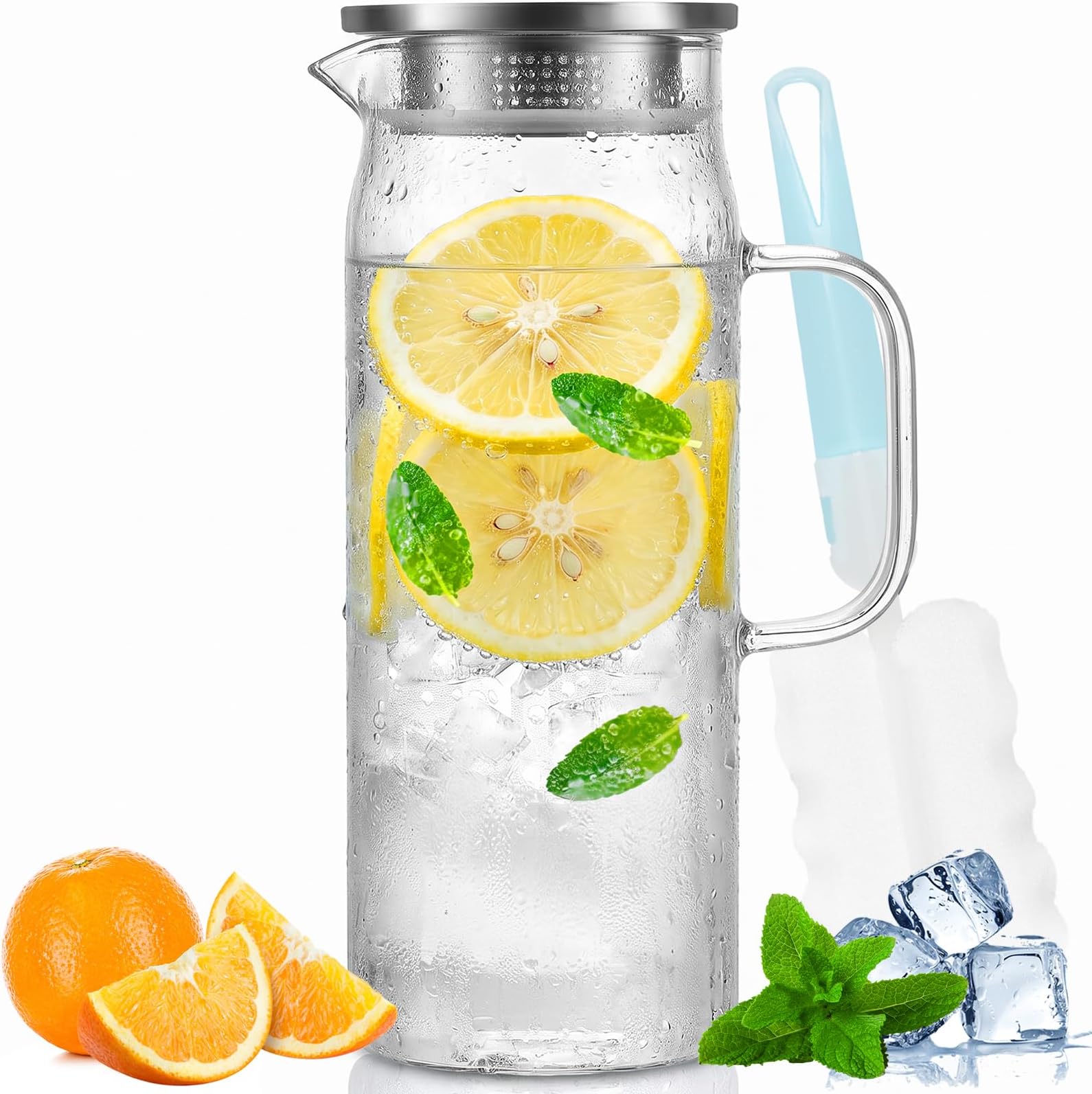 Water Jug with Lid, 1.5 Litre Glass Water Jug, Hot and Cold Glass Pitcher Jug, Fridge Water Jug with Cleaning Brush, Water Carafe, Tea Pitcher, Beverage Pitchers