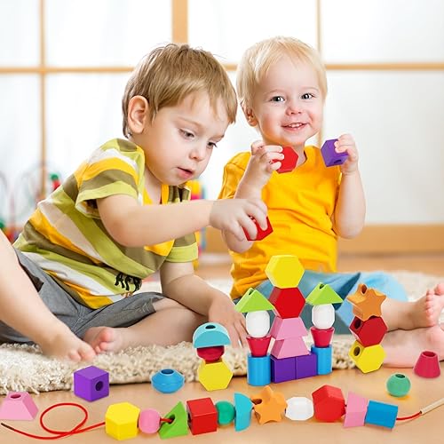 Miniatura 7 de TooyBing Montessori - Juguetes de madera con cordones para niños pequeños de 3 a 4 años, juguete de bloques de secuenciación y apilamiento con caja
