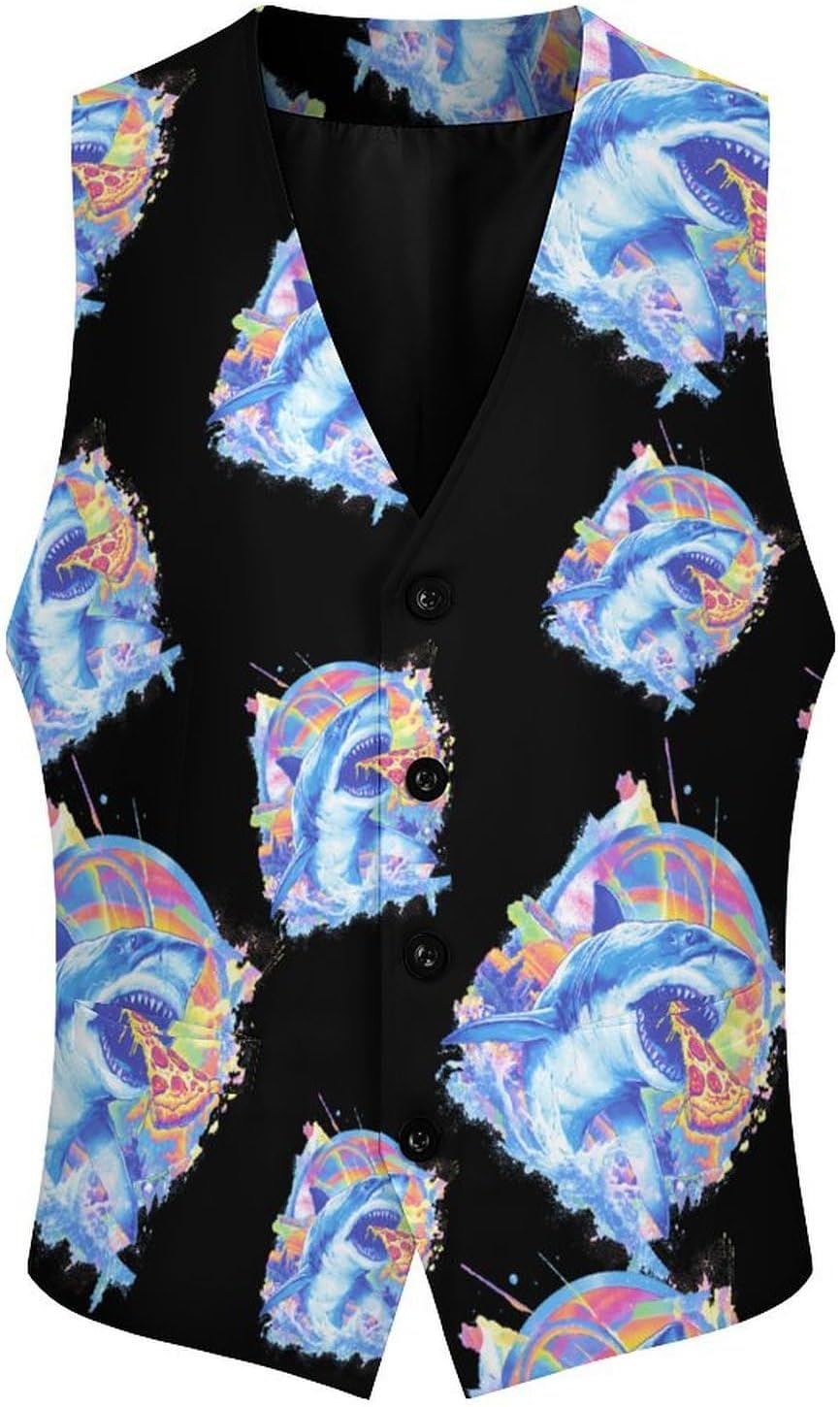 Shark Eating Pizza Men's Suit Vest Business Tuxedo Dress Vests Waistcoat Wedding Party