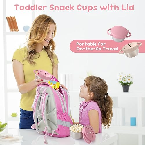 Miniatura 7 de Paquete de 2 recipientes de aperitivos para niños pequeños, vasos de aperitivos de acero inoxidable con atrapador de alimentos y tapas de silicona,