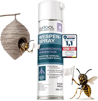 Wespenspray mit langem Sprührohr & 10x mehr Wirkstoff (2% Geraniol) – EXTRA STARK – Sofortiger Abwehrschutz mit Langzeitwirkung – 15 cm Sprührohr – Made in Germany – LUDOAL 400 ml (PT19)